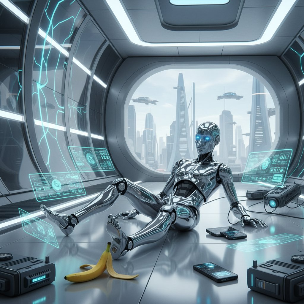 Humanoid robot slipping on a banana peel in a high-tech setting, slapstick movies future AI