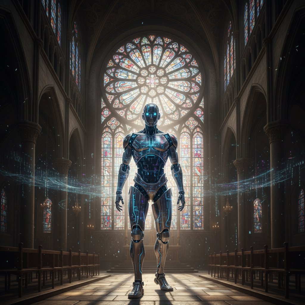Zdjęcie humanoidalnego robota w starym kościele, promienie światła przez witraże, nawiązanie do duszy AI