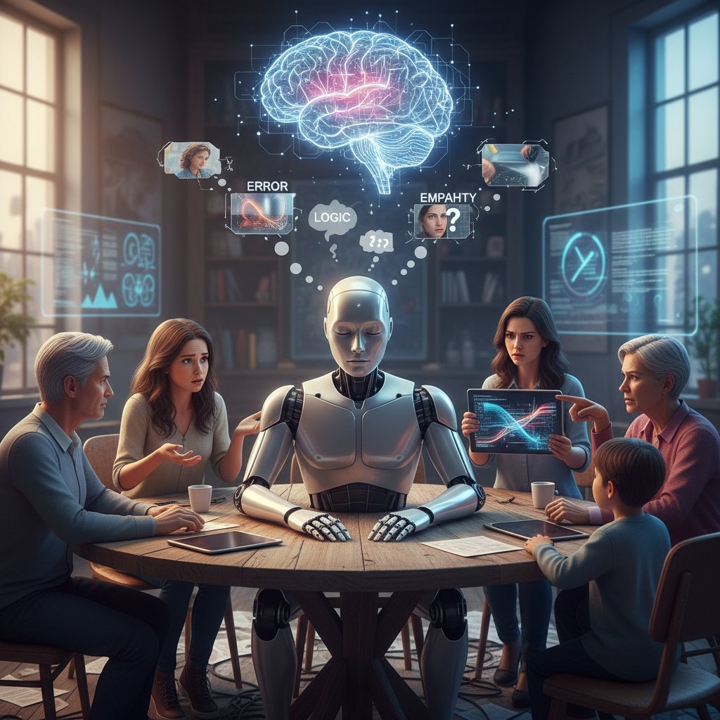 Robot humanoidalny z zamkniętymi oczami, w otoczeniu ludzi, symbolizujący nieporozumienia wokół świadomości AI