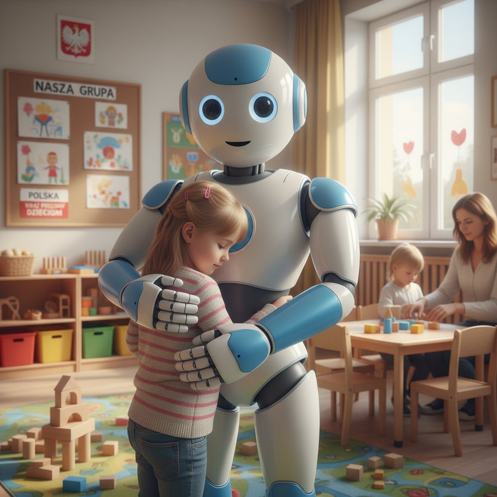 Robot humanoidalny pocieszający smutne dziecko w polskim przedszkolu