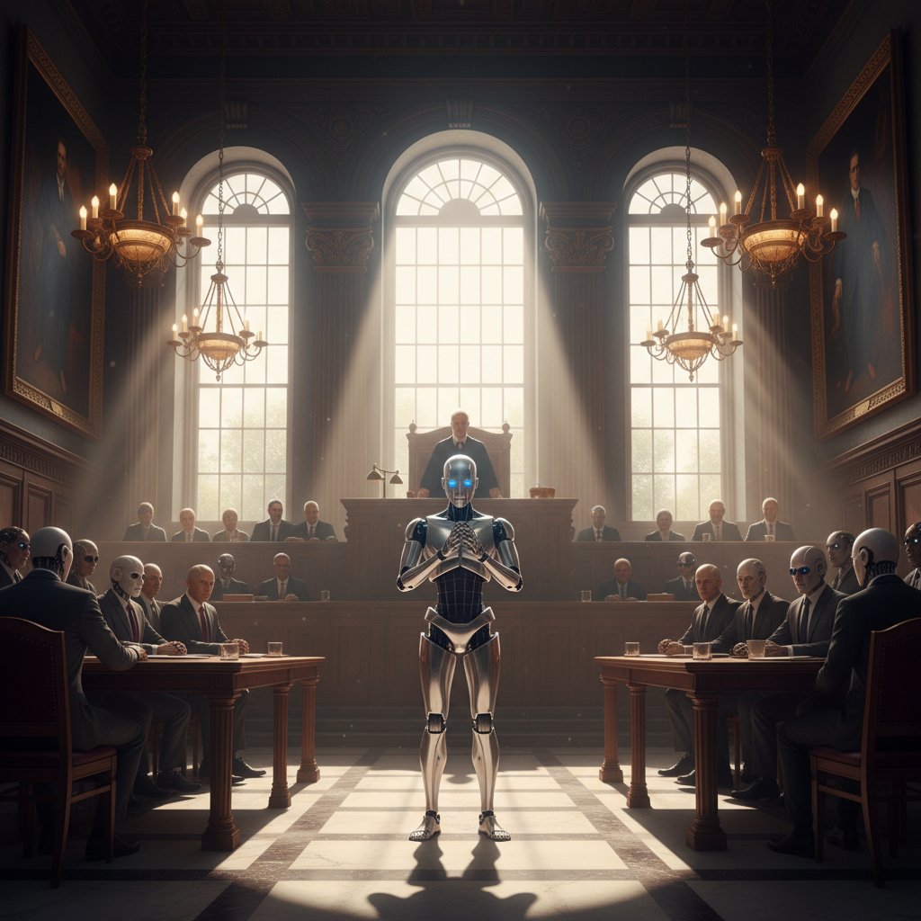 Robot humanoidalny w nowoczesnej sali sądowej, z dramatycznym światłem i skupionymi ludźmi