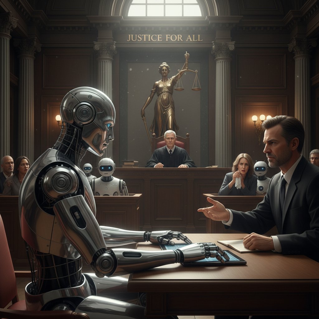 Robot-humanoidalny i człowiek po przeciwnych stronach ławy sądowej, dramatyczne światło, napięta atmosfera