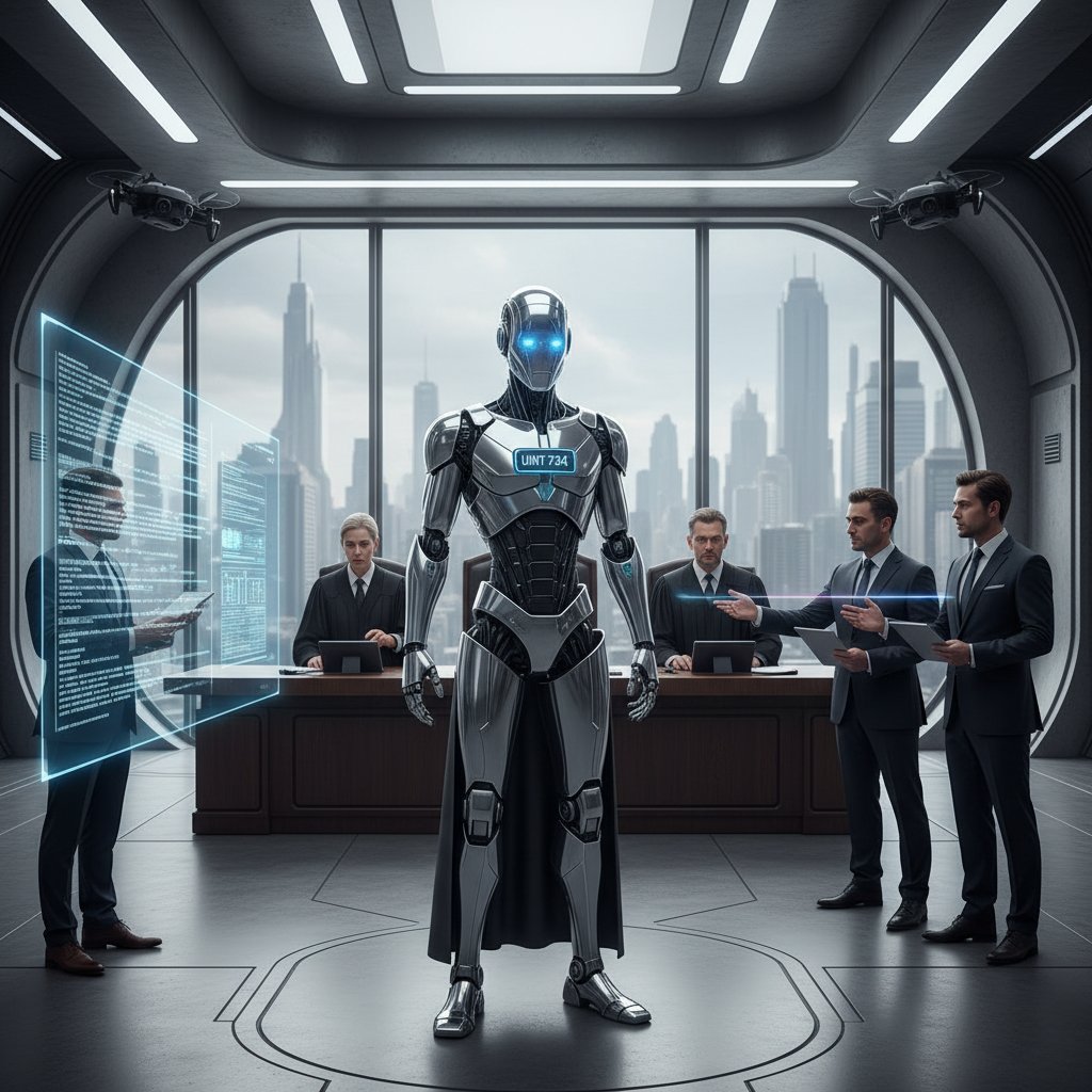 Humanoidalny robot w sądzie, sędziowie i prawnicy analizujący sprawę odpowiedzialności robotyki