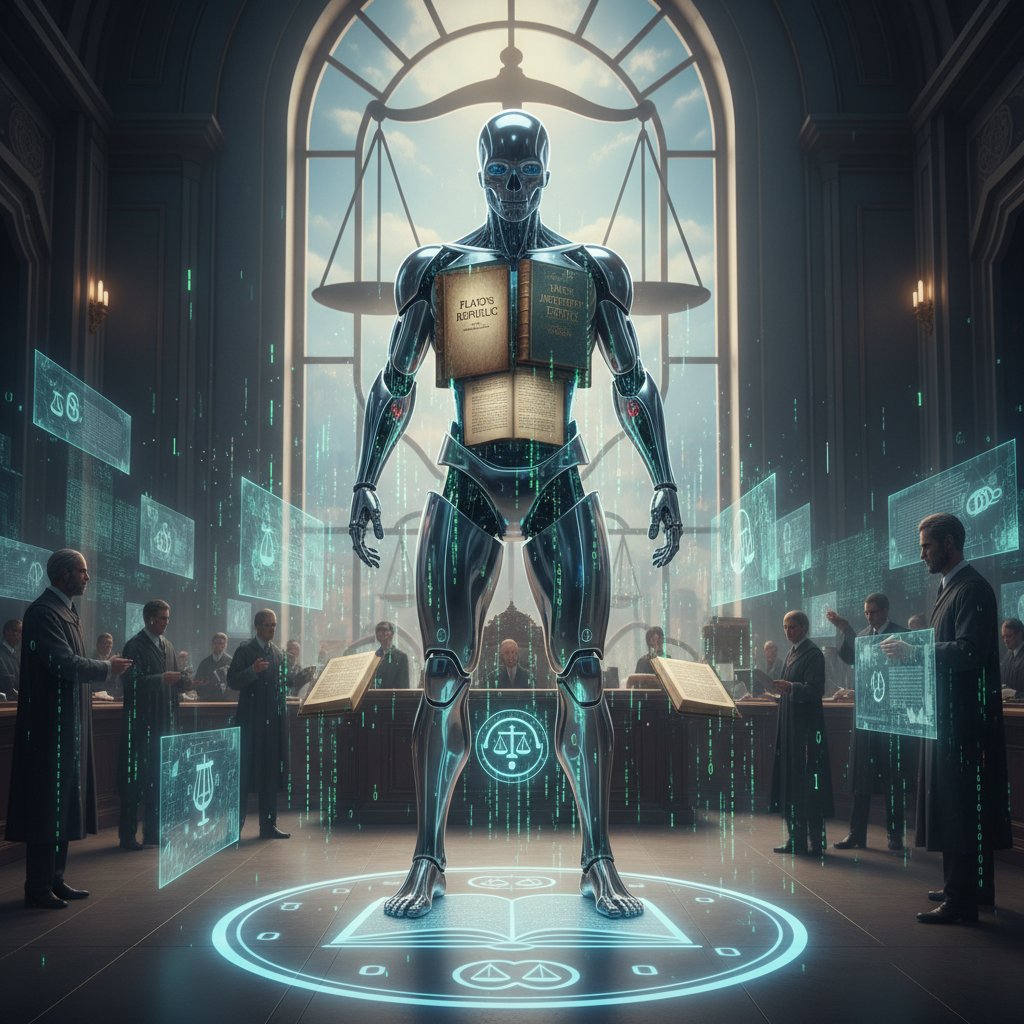 Robot stojący na sali sądowej z wagą sprawiedliwości, symbolizujący etykę AI w społeczeństwie