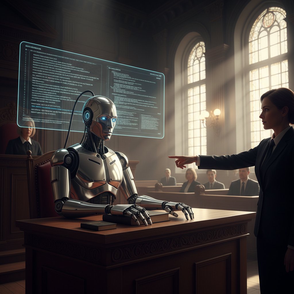 Sądowy proces z humanoidalnym robotem na ławie oskarżonych, dramatyczne światło, sala sądowa, odpowiedzialność AI