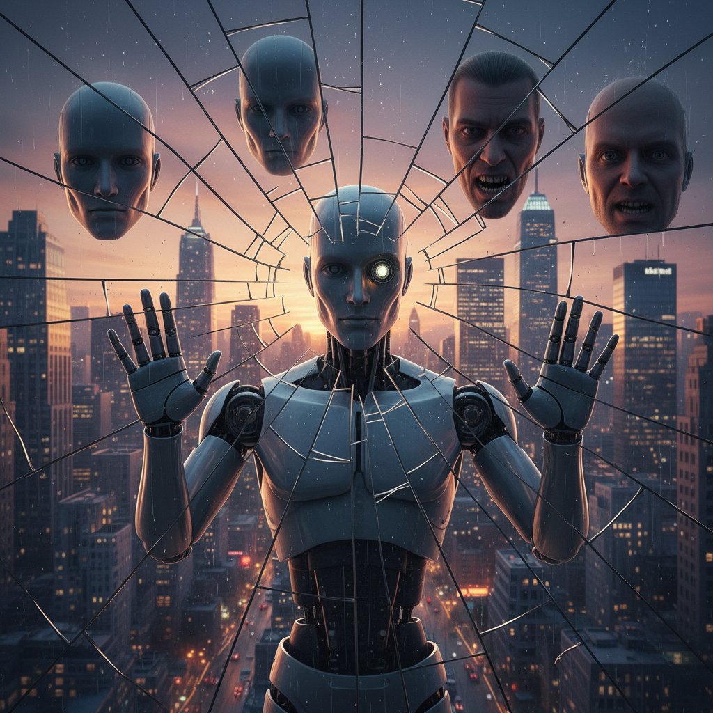 Humanoid robot patrzący w pęknięte lustro, symbolicznie ukazujący kryzys tożsamości AI