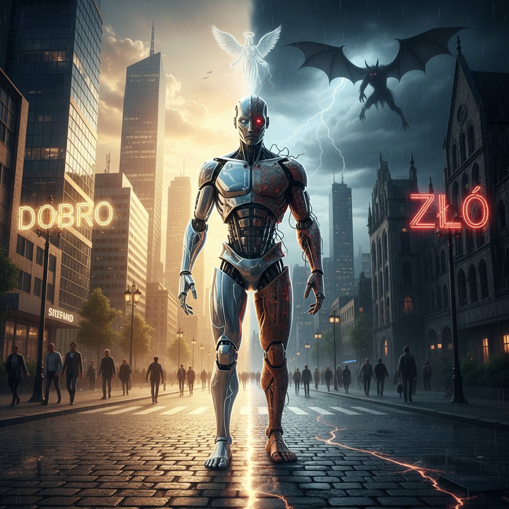 Robot humanoidalny stojący na skrzyżowaniu pod dramatycznym niebem, rozważający wybór między dobrem a złem, w tle polskie miasto