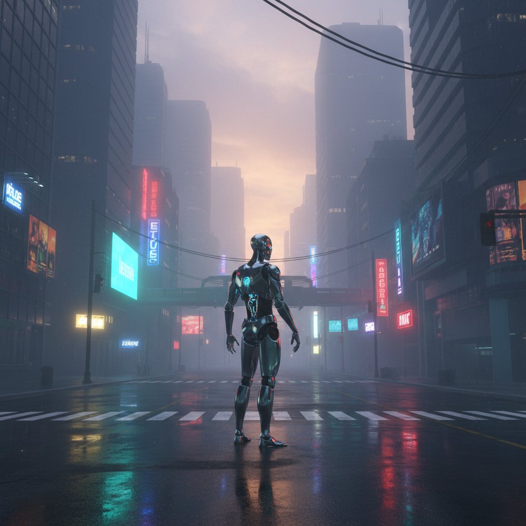 Humanoid robot patrzący na skrzyżowanie w nocnym polskim mieście, neony odbijają się od mokrego bruku, robot rozważający wybór moralny