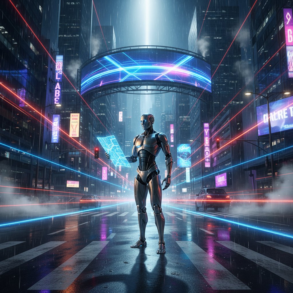 Robot humanoidalny stojący na skrzyżowaniu, zastanawiający się nad wyborem, nocne miasto, dramatyczne światło