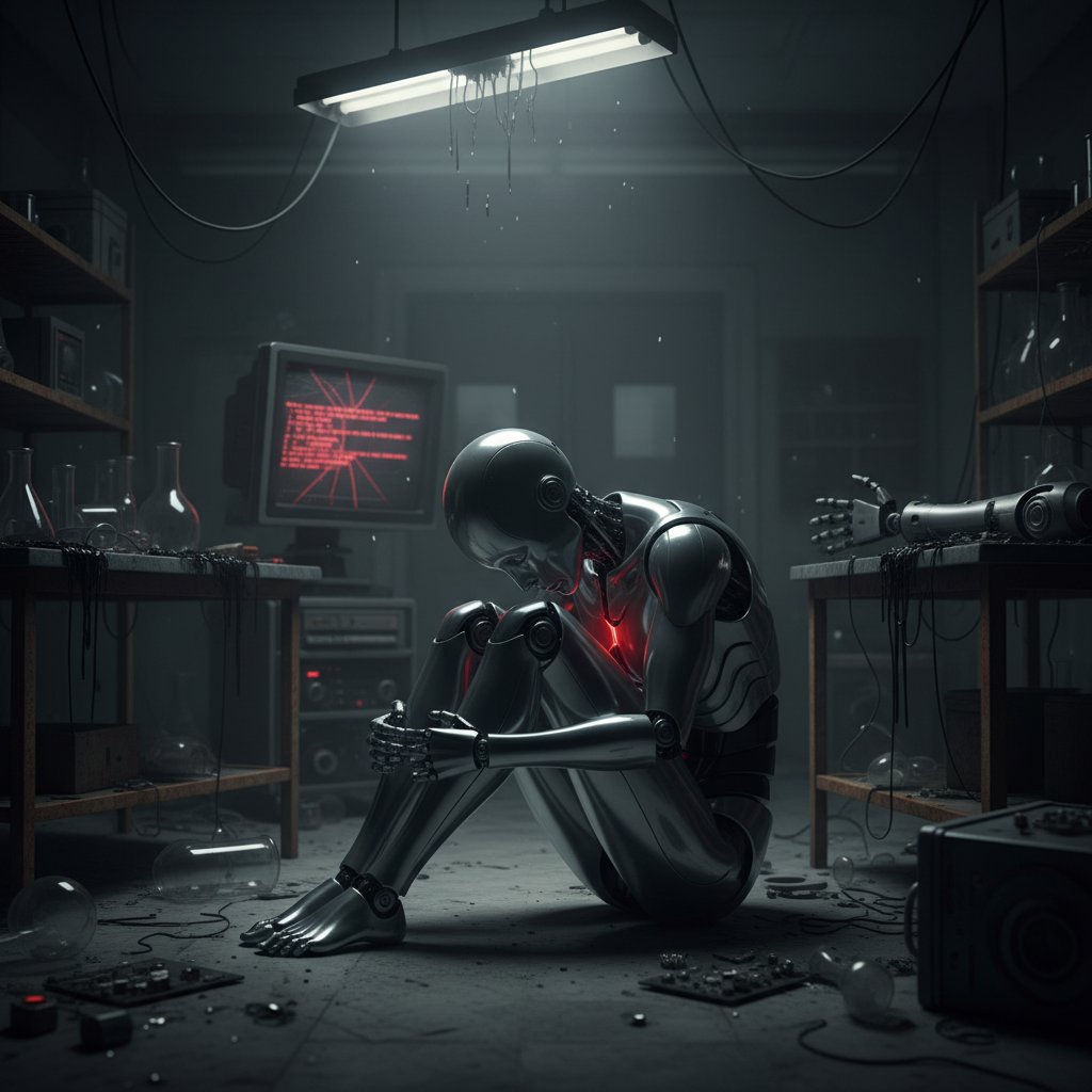 Robot humanoidalny w ciemnym laboratorium, odzwierciedlający lęk przed świadomością AI