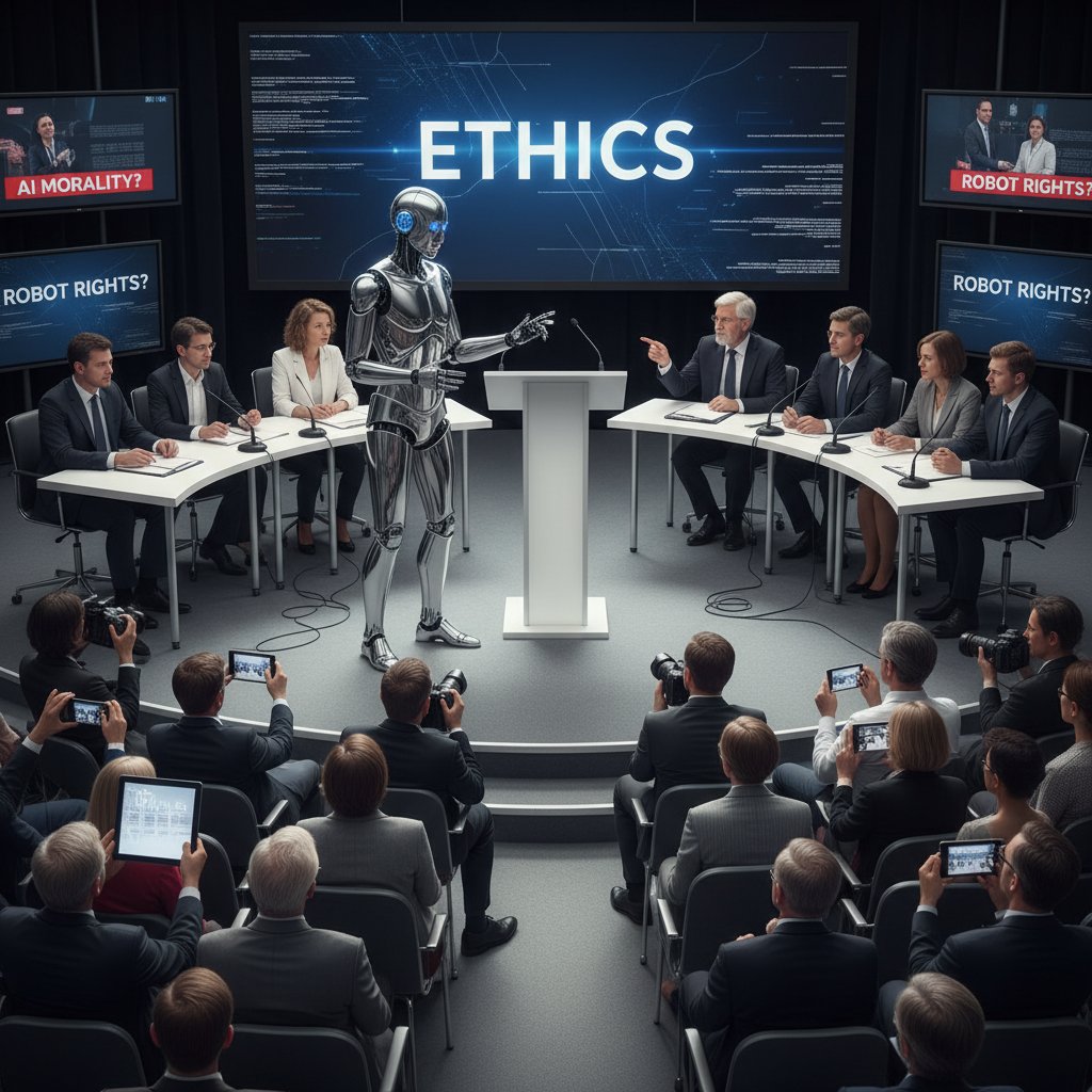 Robot stojący naprzeciw ludzi podczas debaty medialnej o etyce AI