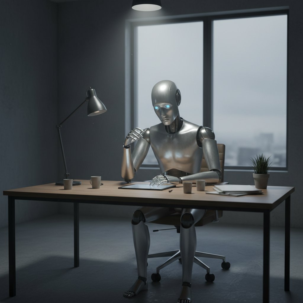 Robot humanoidalny przy biurku, zimna ekspresja twarzy, ludzka samotność