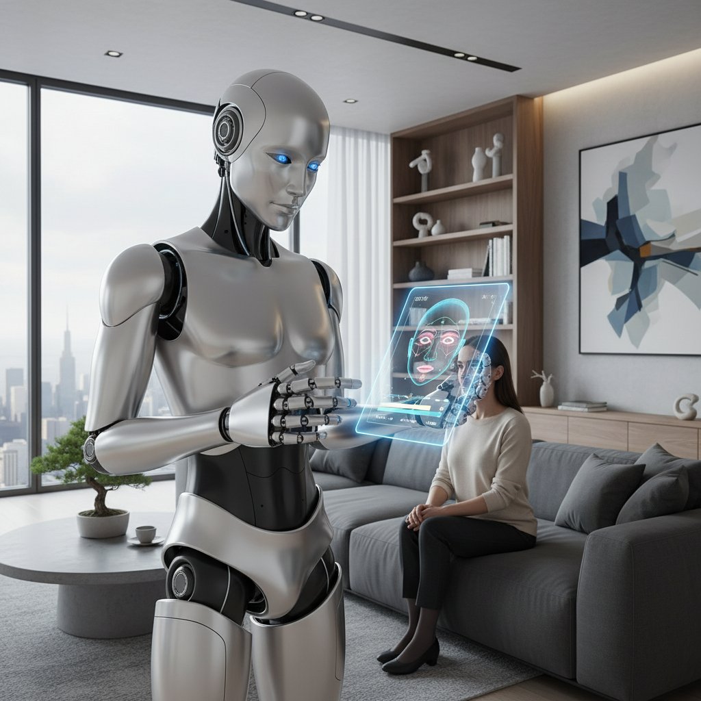 Humanoidalny robot analizujący emocje człowieka w nowoczesnym wnętrzu, wyraźnie widoczne cyfrowe nakładki na twarzy