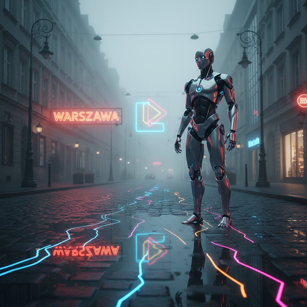 Humanoidalny robot na ulicy Warszawy, mglista atmosfera, ludzka refleksja