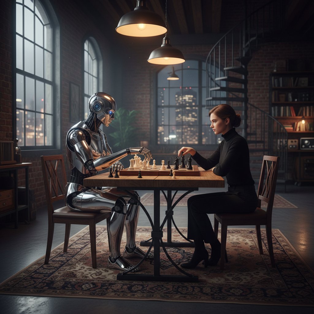 Robot humanoidalny i człowiek twarzą w twarz przy szachownicy, symboliczna scena filozofii społecznej