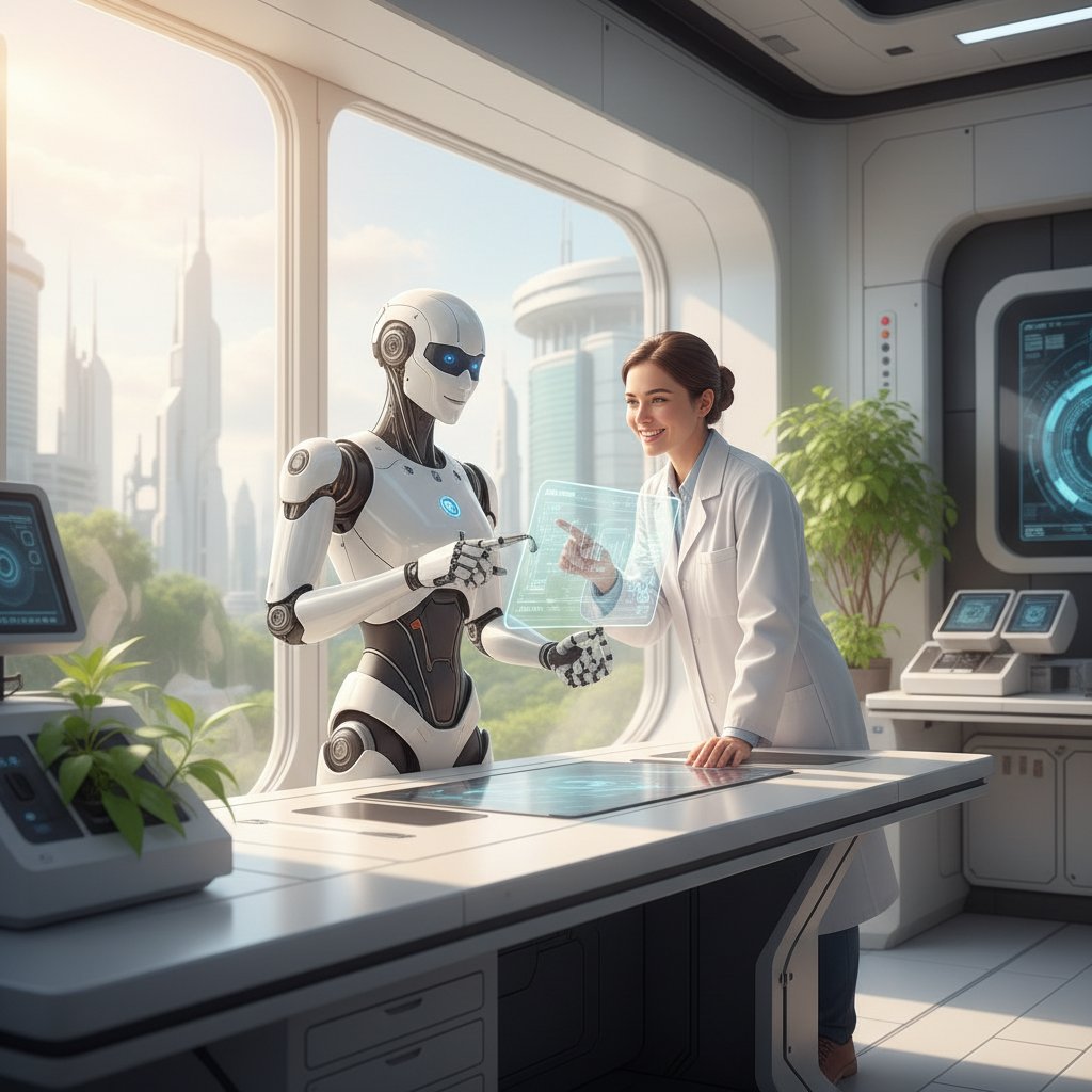 Humanoidalny robot i człowiek współpracujący przy stole obrad, optymistyczna atmosfera, światło dzienne