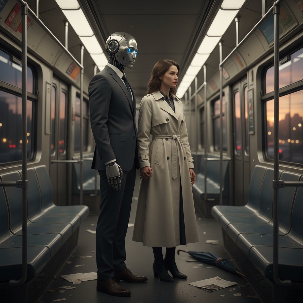 Robot i człowiek naprzeciwko siebie – symbol nieuchronnych pytań o przyszłość