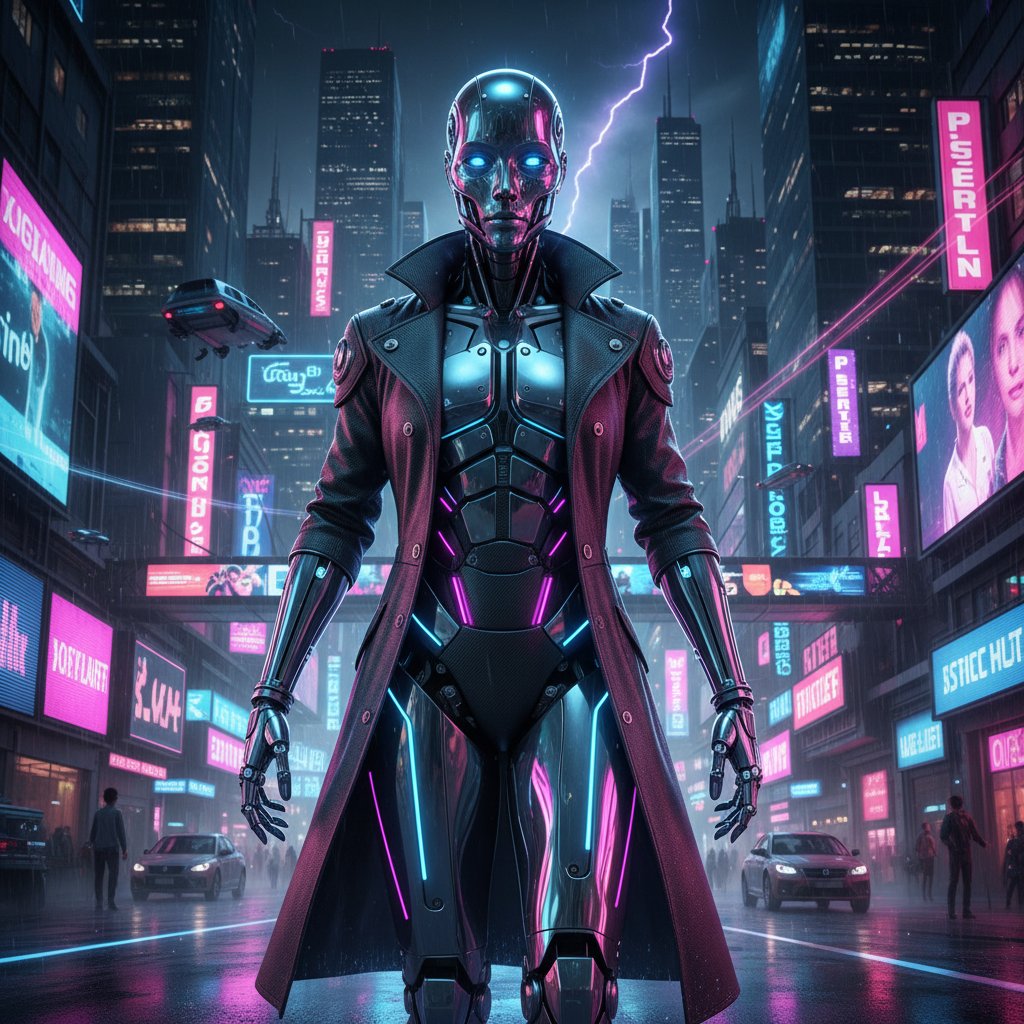 Robot z ludzką twarzą na tle neonowego miasta – popkulturowa wizja AI