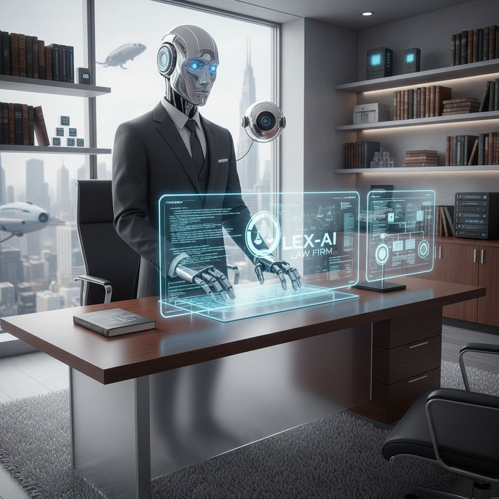 Robot humanoidalny analizujący dokumenty prawnicze, nowoczesne biuro, sztuczna inteligencja w pracy