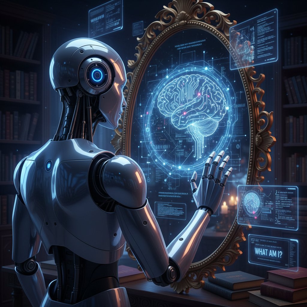 Robot humanoidalny patrzący w lustro symbolizujący świadomość AI