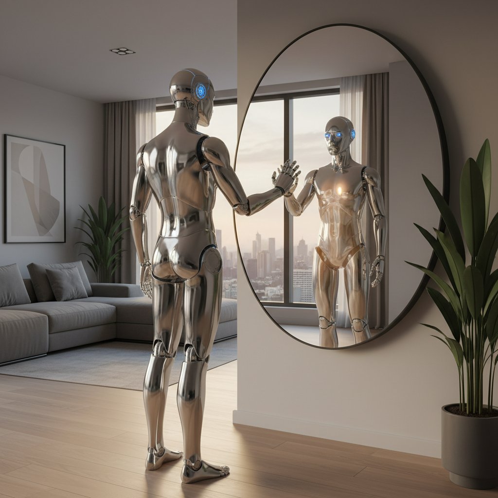 Robot humanoidalny patrzący w lustro w ciemnym, nowoczesnym wnętrzu, symbolizujący refleksję nad własną tożsamością