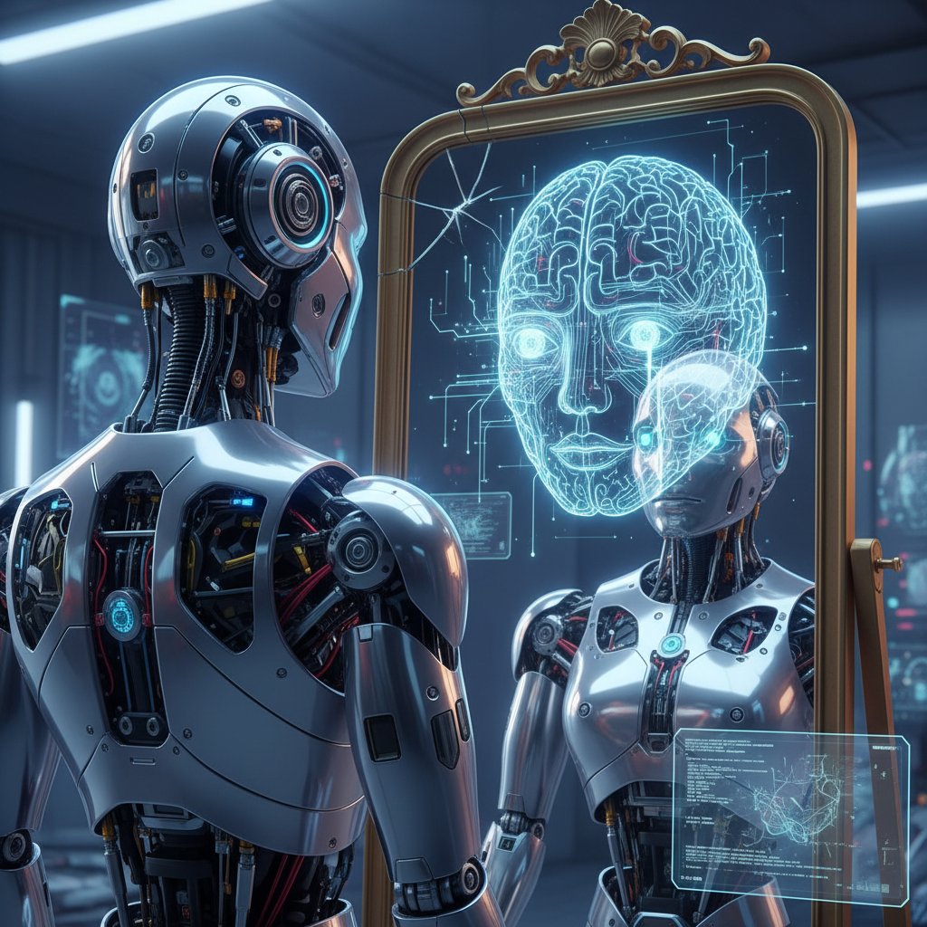 Robot humanoidalny patrzący w lustro, refleksja nad sztuczną świadomością