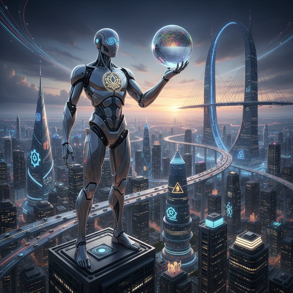 Robot humanoidalny na tle nowoczesnego miasta, symbolizujący moralność maszyn