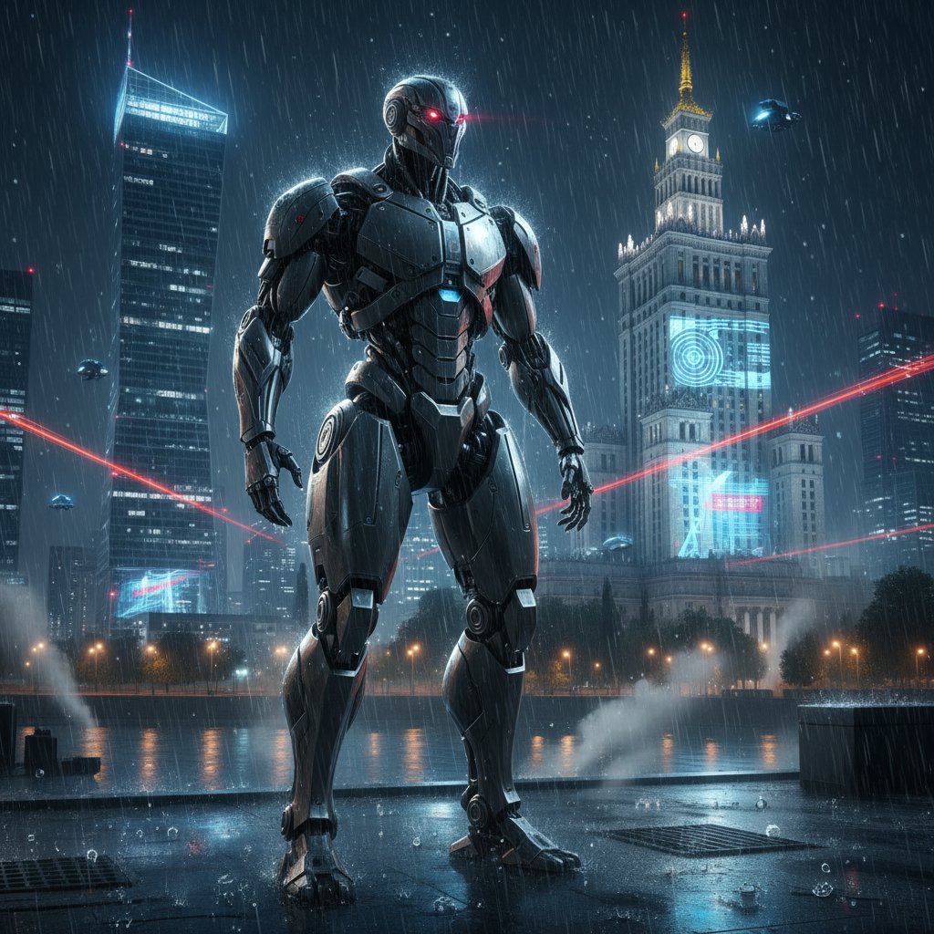 Nocna scena Warszawy z humanoidalnym robotem na ulicy, odblaski neonów w deszczu, temat robotyka i odpowiedzialność