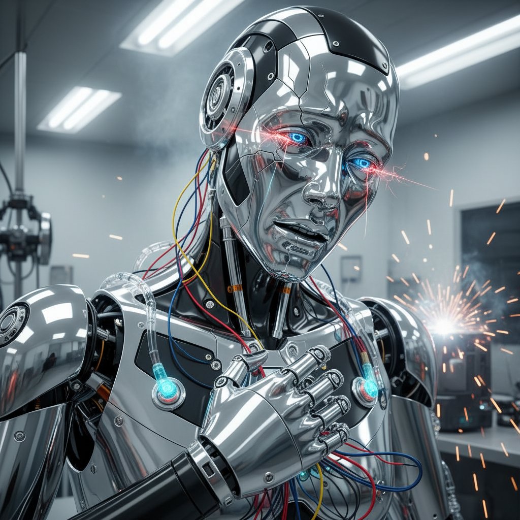 Robot humanoidalny w laboratorium podczas symulacji bólu, światło laboratoryjne, widoczne sensory i okablowanie