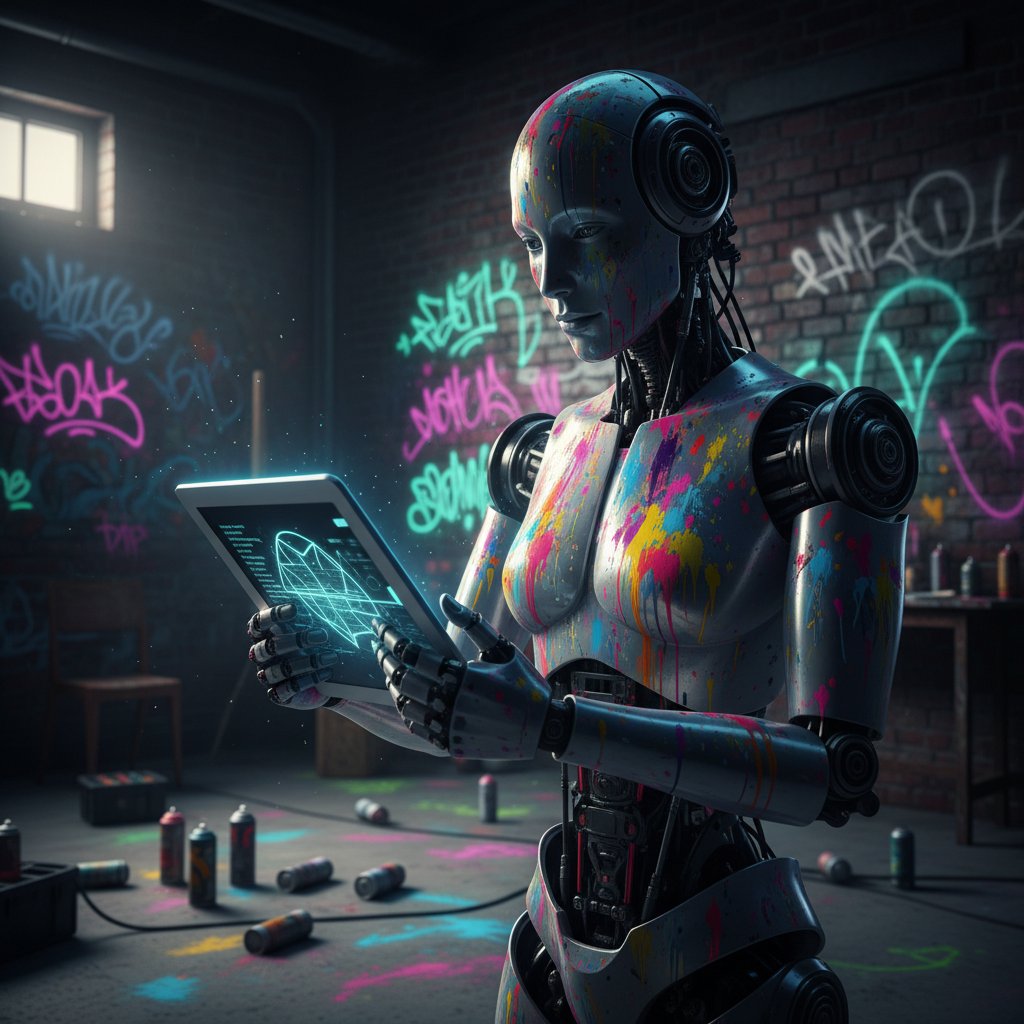Humanoid robot z pędzlami, cyfrowy tablet i graffiti – obraz oddający AI art w miejskiej przestrzeni