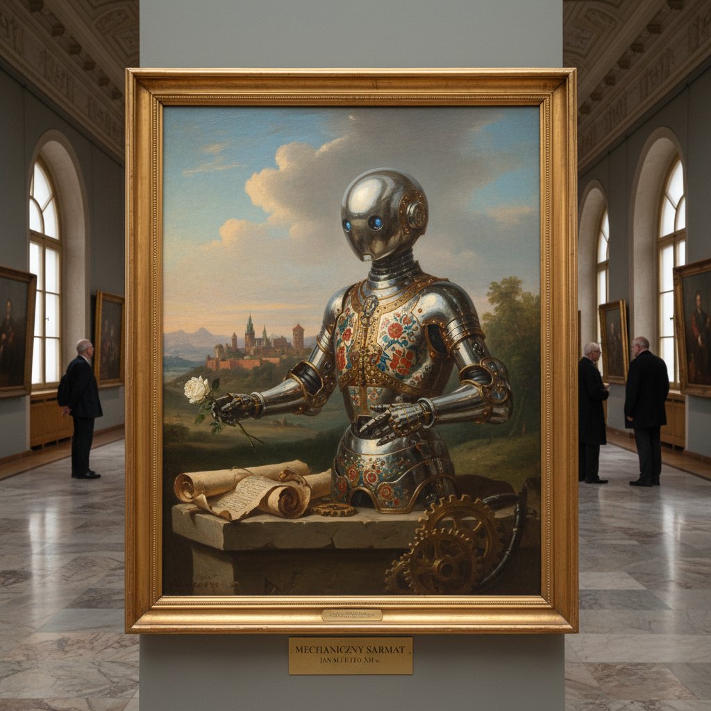 Robot humanoidalny malujący obraz w polskiej galerii sztuki, widzowie zaintrygowani