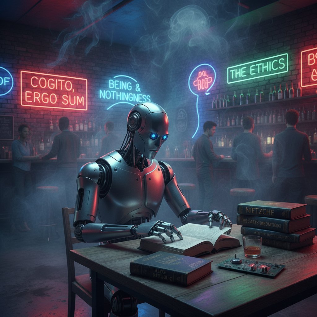 Humanoidalny robot wśród ksiąg filozoficznych, kontrast światła i cienia, filozofia kultury i robotyka