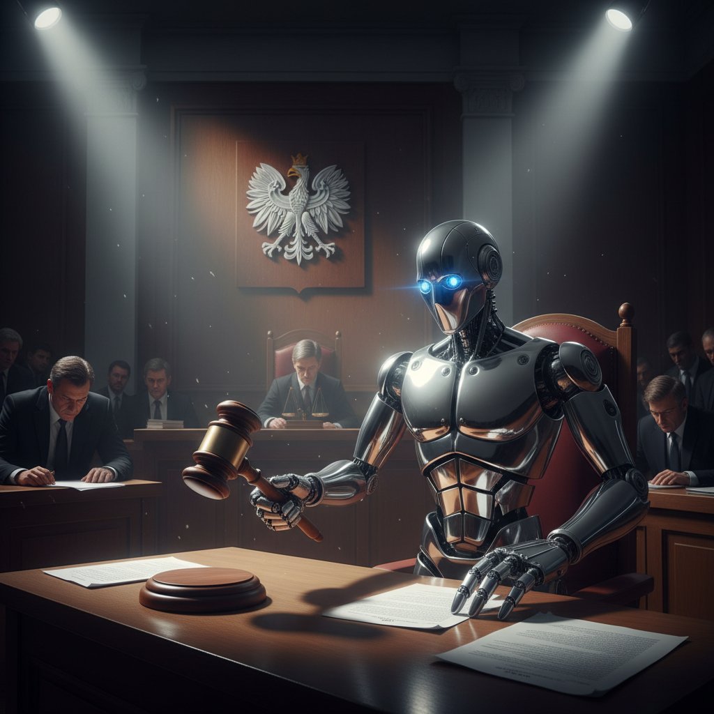 Robot w polskiej sali sądowej – humanoidalny, oświetlony światłem bocznym, symboliczny młotek sędziowski na pierwszym planie