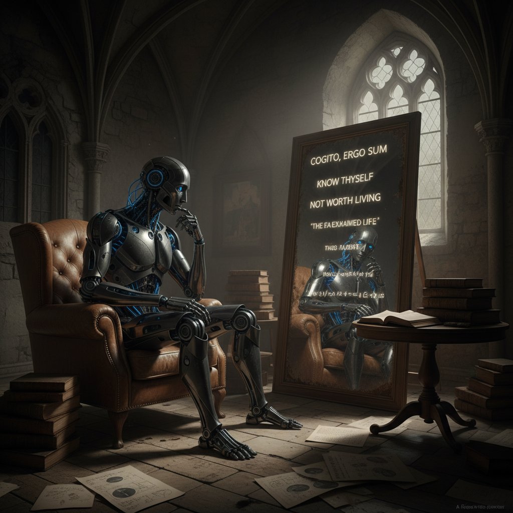 Humanoidalny robot w ciemnym pomieszczeniu przy stole, patrzący w lustro, symbolizujący pytanie o świadomość AI