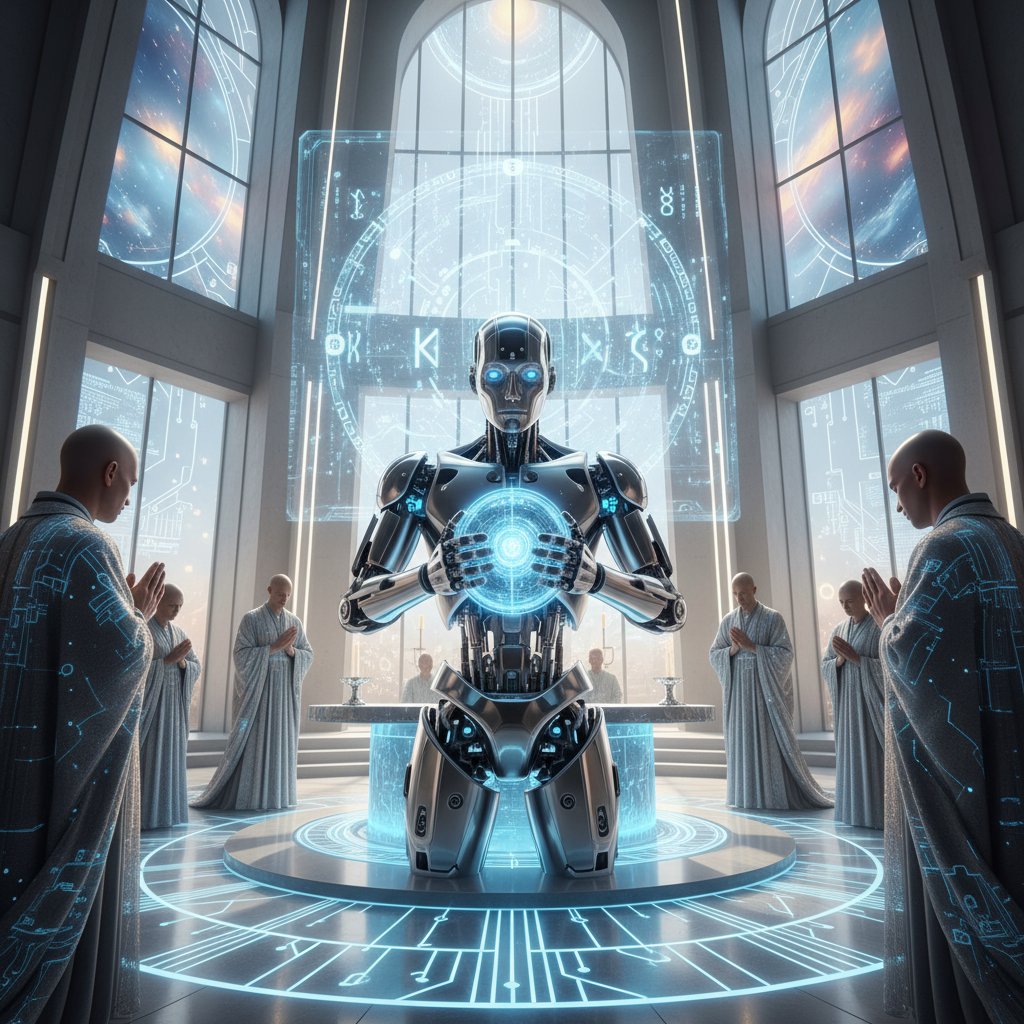 Robot humanoidalny prowadzący ceremonię religijną w nowoczesnej świątyni