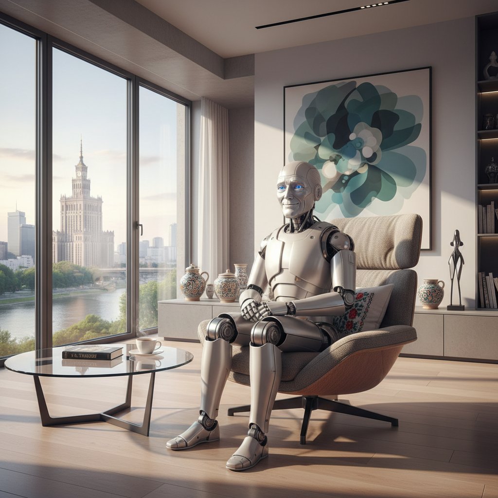 Robot humanoidalny rozmawiający z seniorem w nowoczesnym polskim mieszkaniu
