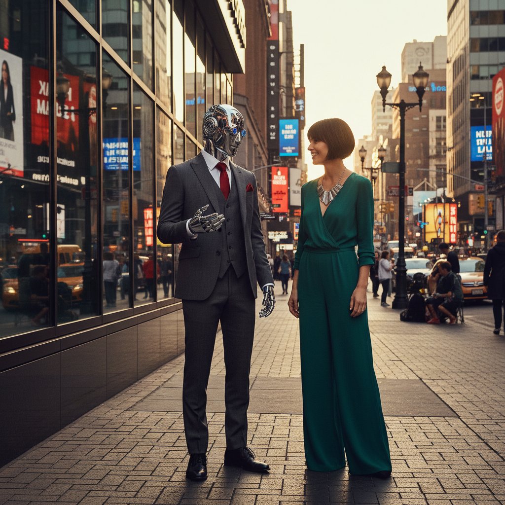 Fotorealistyczny robot w modnym ubraniu rozmawiający z człowiekiem – iluzja osobowości