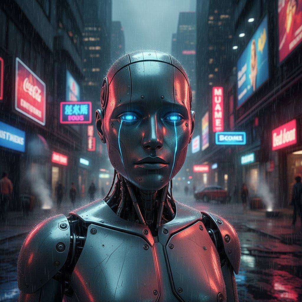 Robot symbolizujący emocjonalny dylemat, półcień i neonowe światła. Tematyka: AI emocje, uczucia maszyn, emocjonalna sztuczna inteligencja