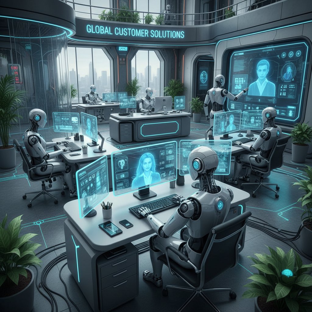 Grupa robotów humanoidalnych stojących w biurze, gotowych do obsługi klienta