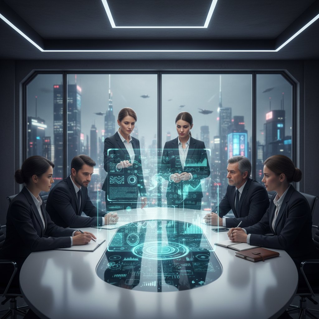 Humans and a digital coworker in a strategy meeting, showing power shift via workplace assistance