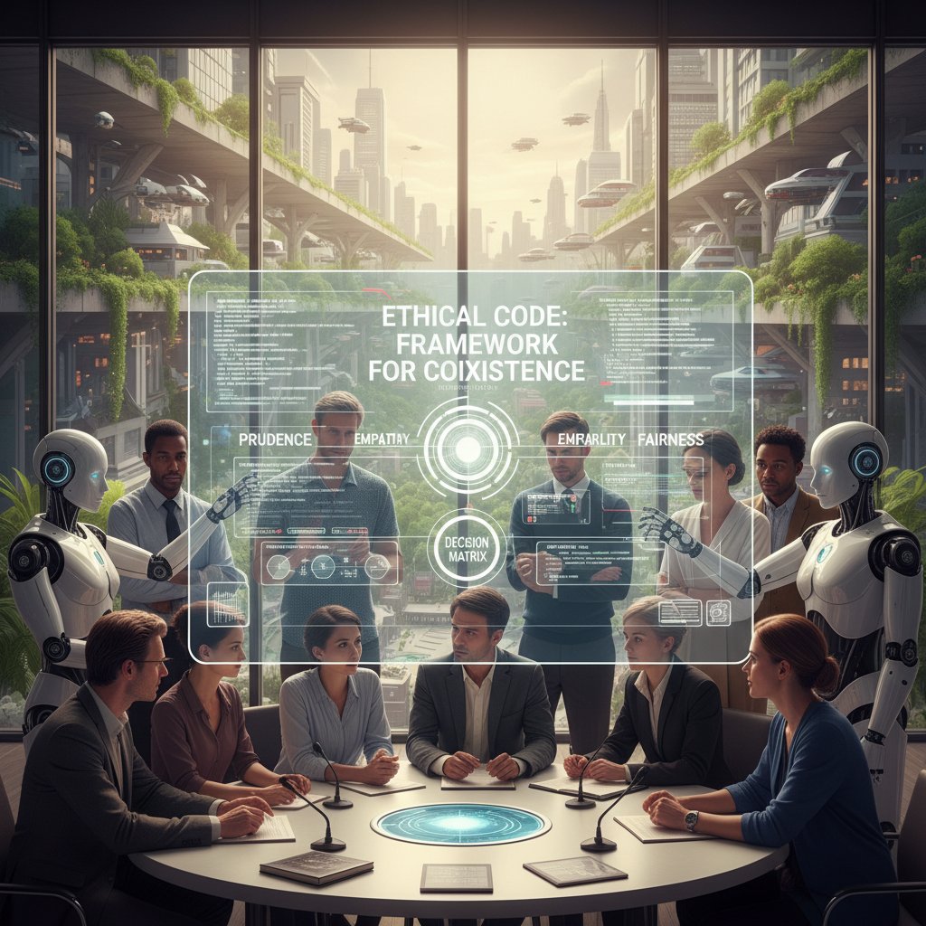 Grupa ludzi i robotów analizujących kody etyczne, z wyraźnym kontrastem światła