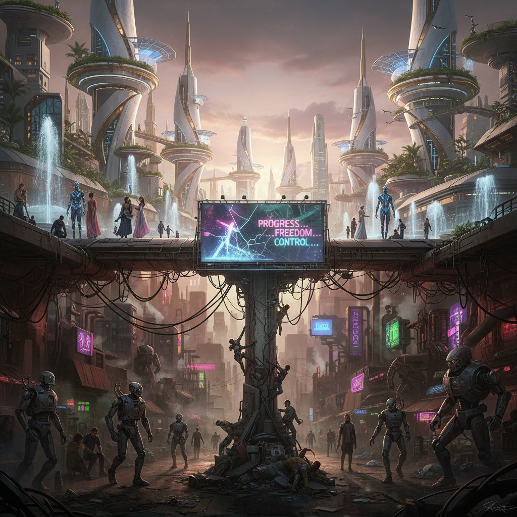 Zdjęcie: kontrastujące sylwetki ludzi i robotów na tle futurystycznego miasta, utopia czy dystopia