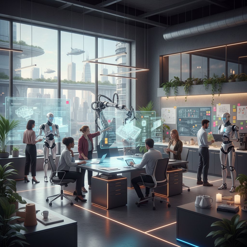 Zespół ludzi i robotów współpracujących w nowoczesnym biurze, wspólna kreatywność