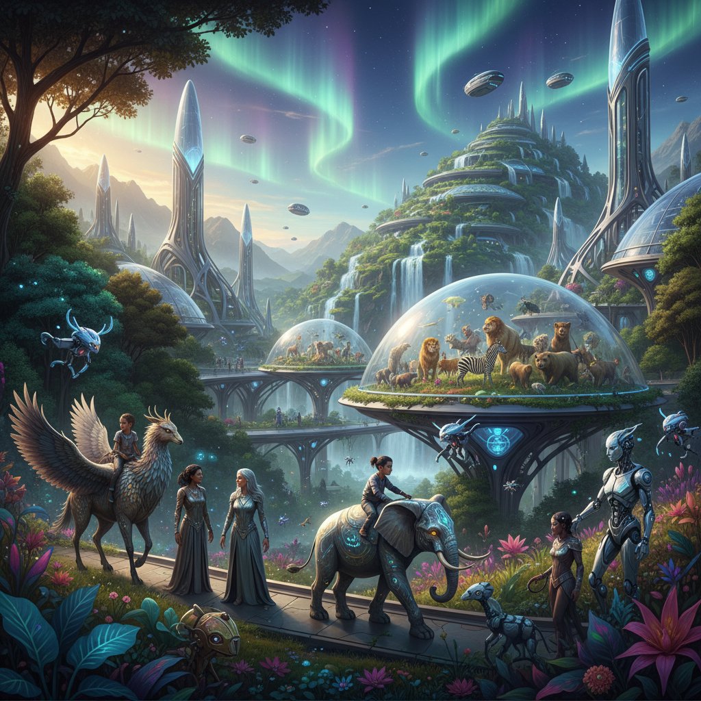 Ludzie i cyfrowe zwierzęta w futurystycznym świecie, pełnym AI i technologii