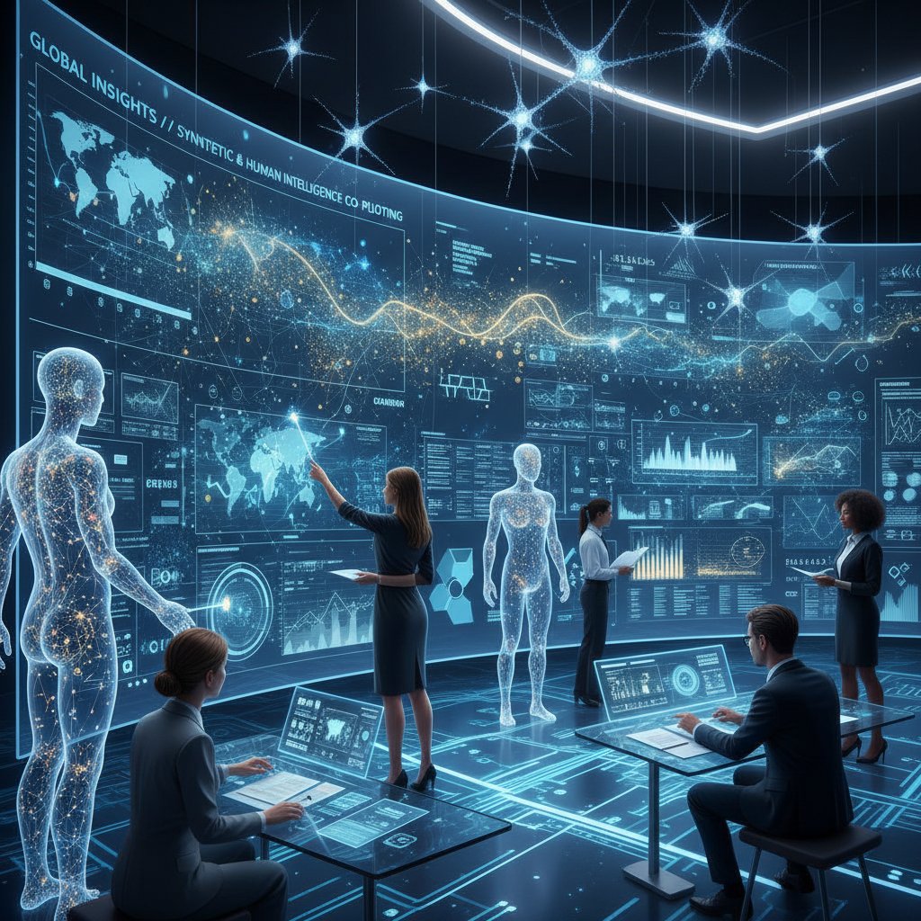 Zespół ludzi i AI wspólnie analizujący dane na dużym ekranie, współpraca człowiek-maszyna