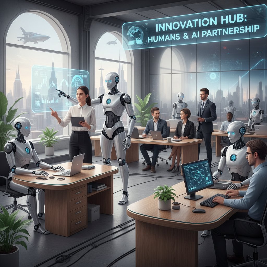 Ludzie i roboty współpracujący w biurze, symbol przyszłości pracy i automatyzacji