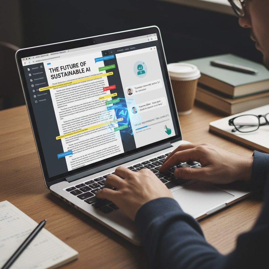 Photo showing a human academic editor and an AI interface collaborating on a digital laptop, both reviewing and editing a research paper for virtual academic proofreading