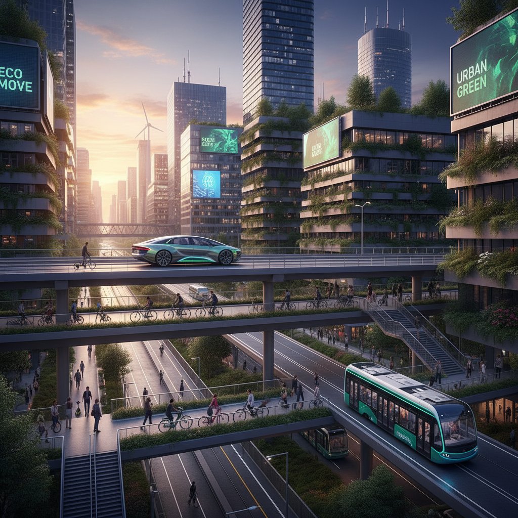 Hybrid car in mixed cityscape with pedestrians, bikes, and delivery vehicles, highlighting social context