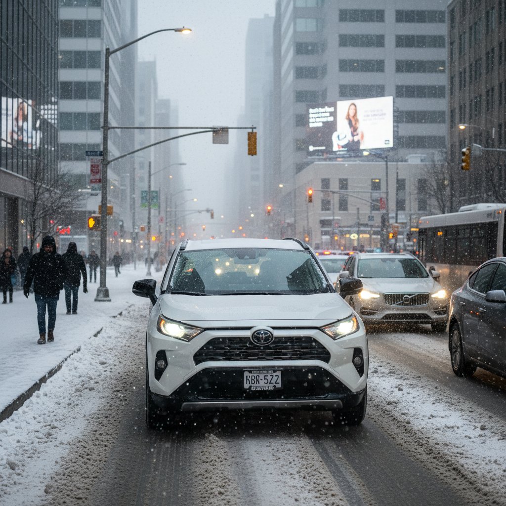 Snowy urban road with hybrid car driving, illustrating cold climate impact