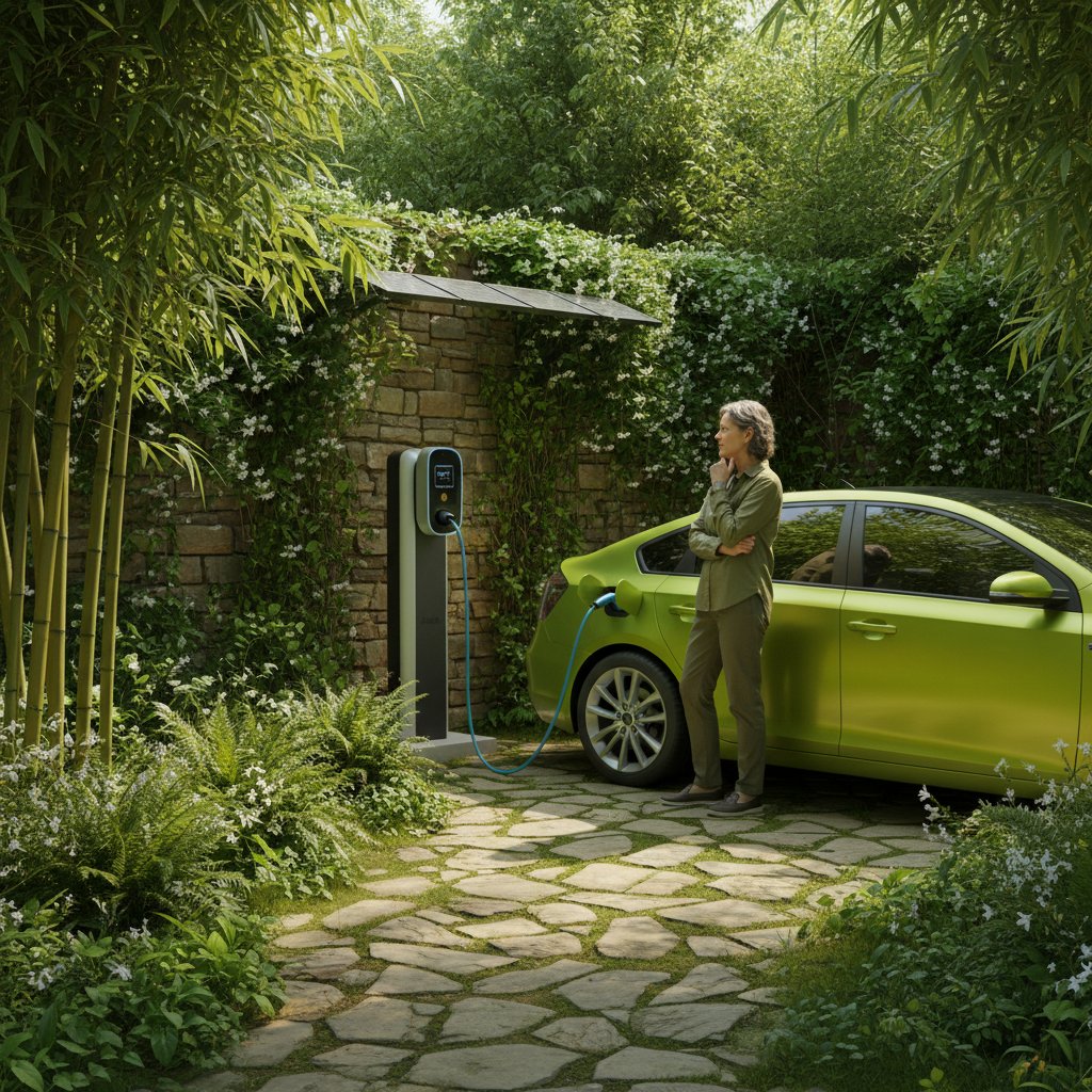 Eco-conscious car owner reflecting on their choice, hybrid car charging at home